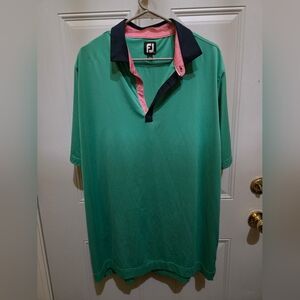 FootJoy Men's Green Polo with Navy Collar and Pink Trim